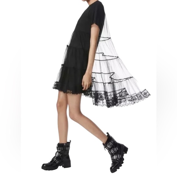 Alice & Olivia Off White Babydoll Dreema Tulle Tee Lace Tiered Mini Dress size L - Picture 8 of 15